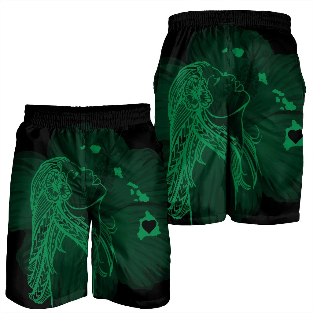 Hawaiian Map Heart Hula Girl Hibiscus Green Polynesian Men's Shorts - AH - Polynesian Pride