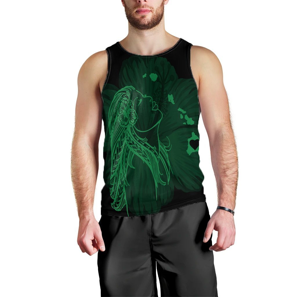 Hawaiian Map Heart Hula Girl Hibiscus Green Polynesian Tank Top - AH Black - Polynesian Pride
