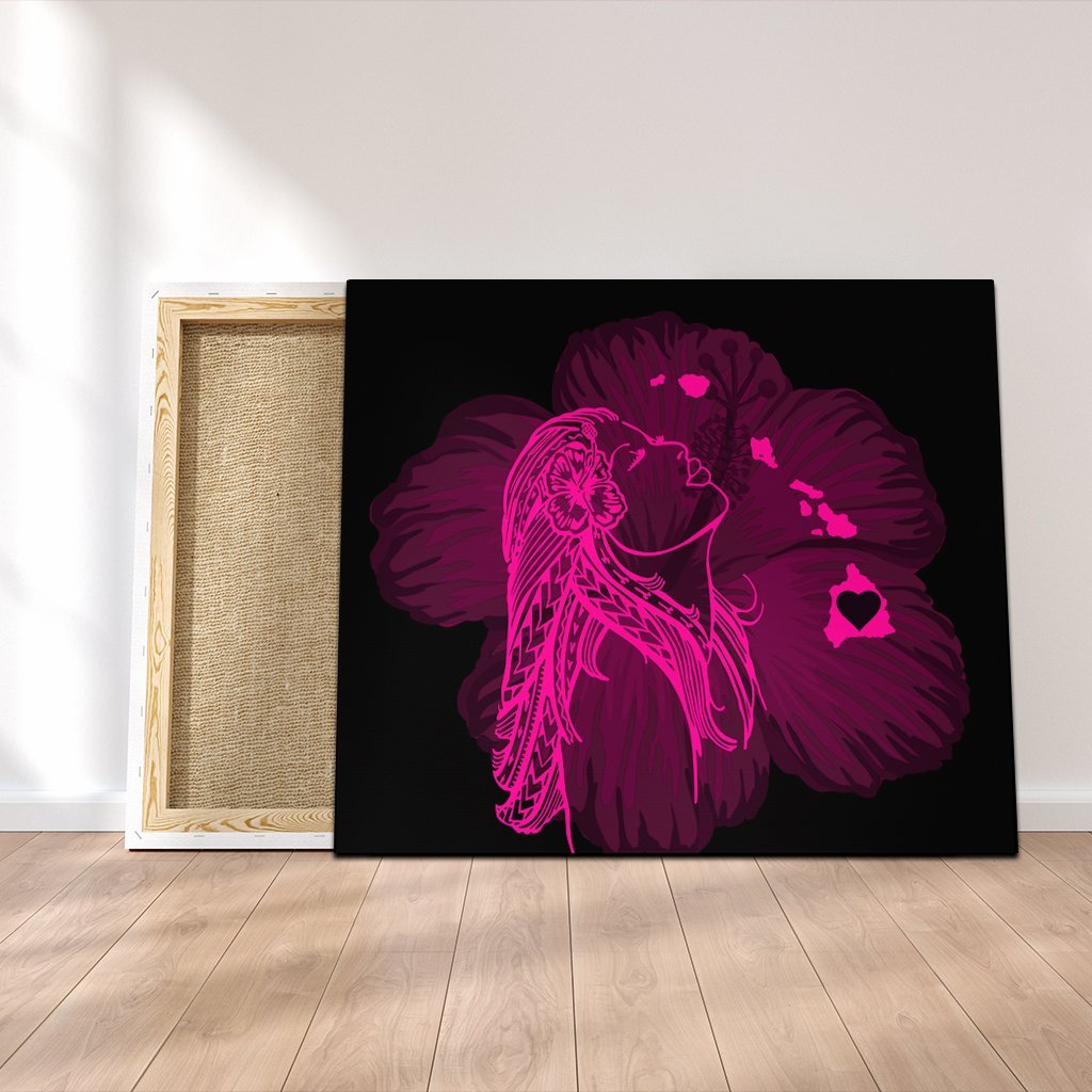Hawaiian Map Heart Hula Girl Hibiscus Pink Polynesian Canvas - AH Canvas Poly-cotton - Polynesian Pride