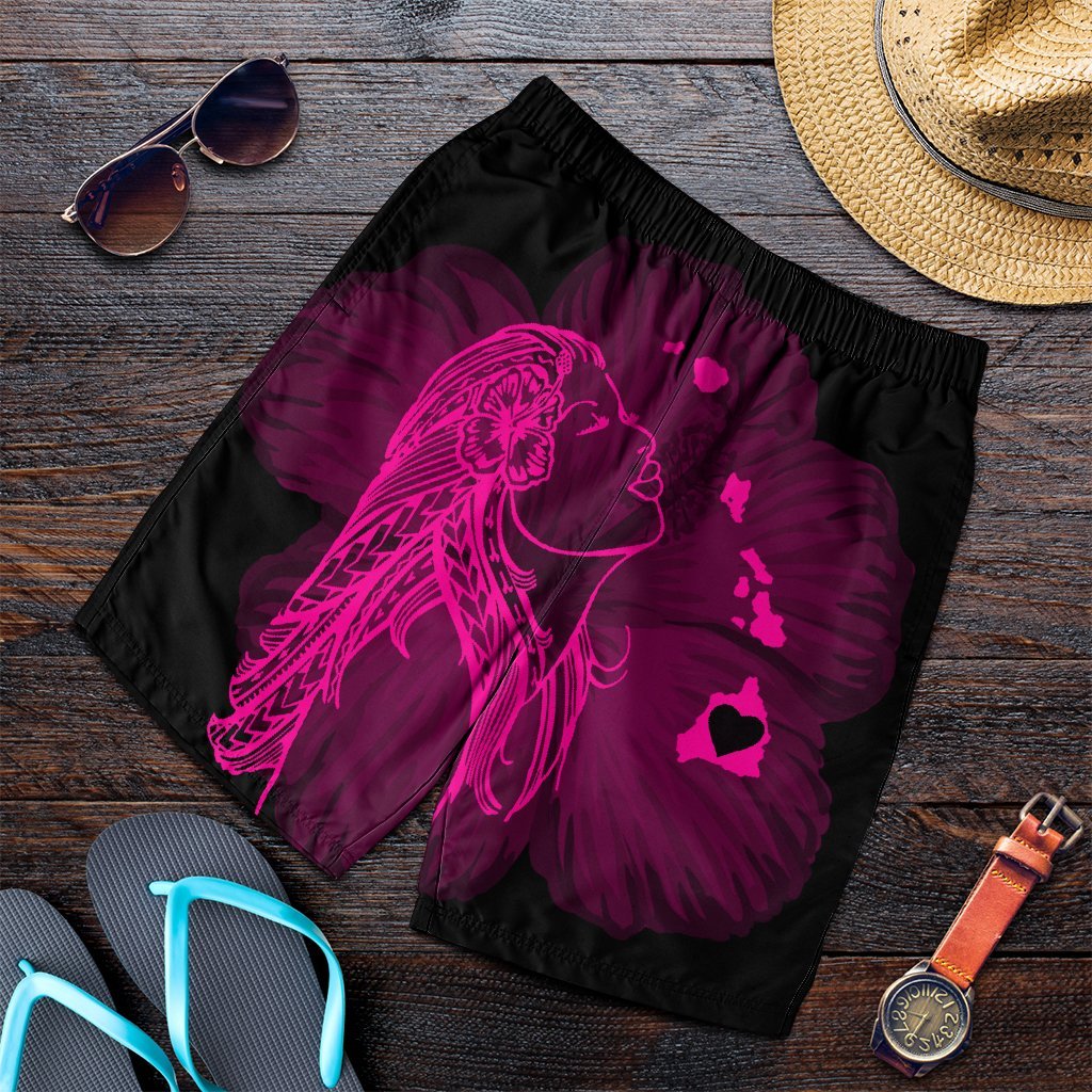 Hawaiian Map Heart Hula Girl Hibiscus Pink Polynesian Men's Shorts - AH Art - Polynesian Pride