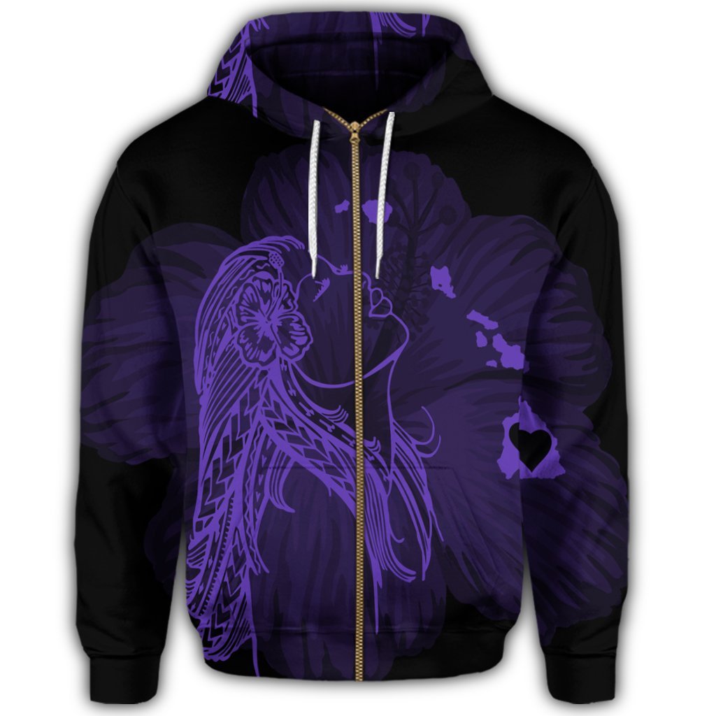 Hawaiian Map Heart Hula Girl Hibiscus Purple Polynesian Zip Hoodie - Polynesian Pride