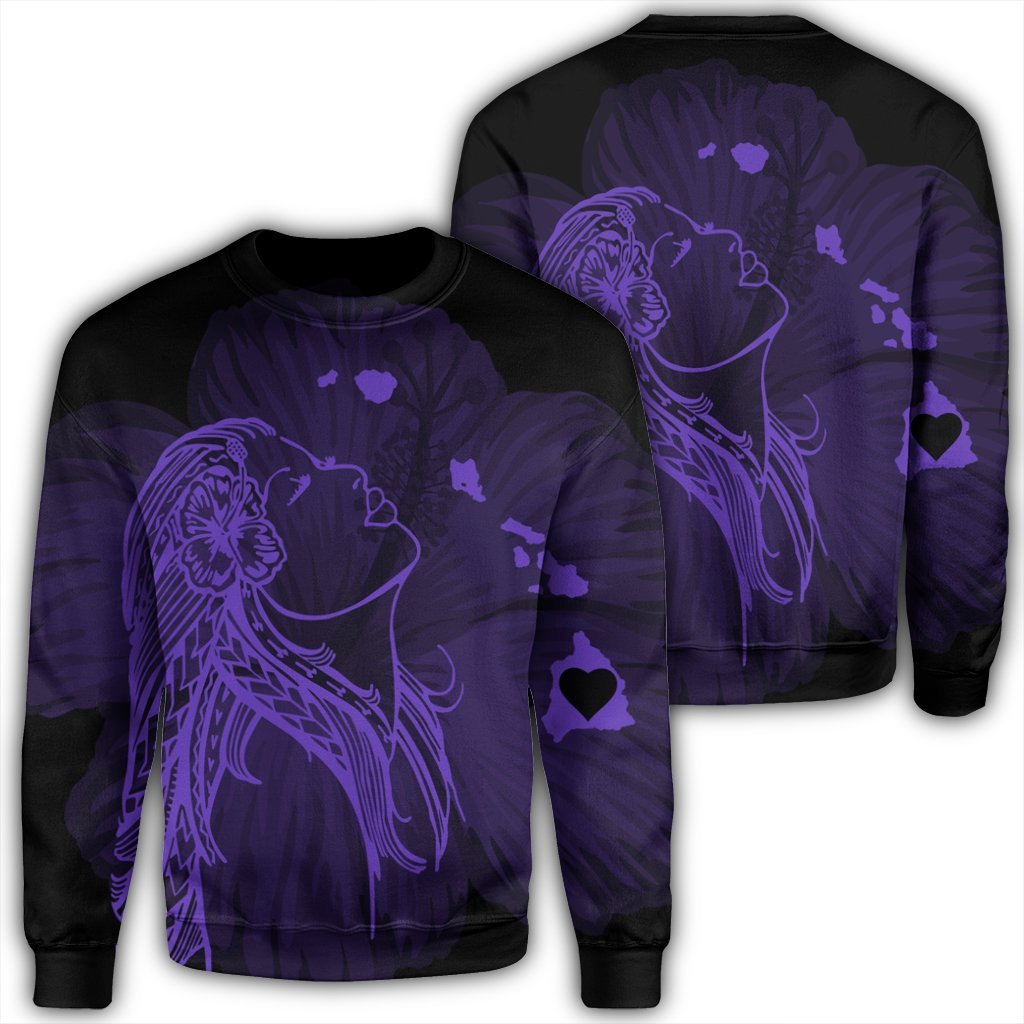 Hawaiian Map Heart Hula Girl Hibiscus Purple Polynesian Sweatshirt - AH Unisex Black - Polynesian Pride