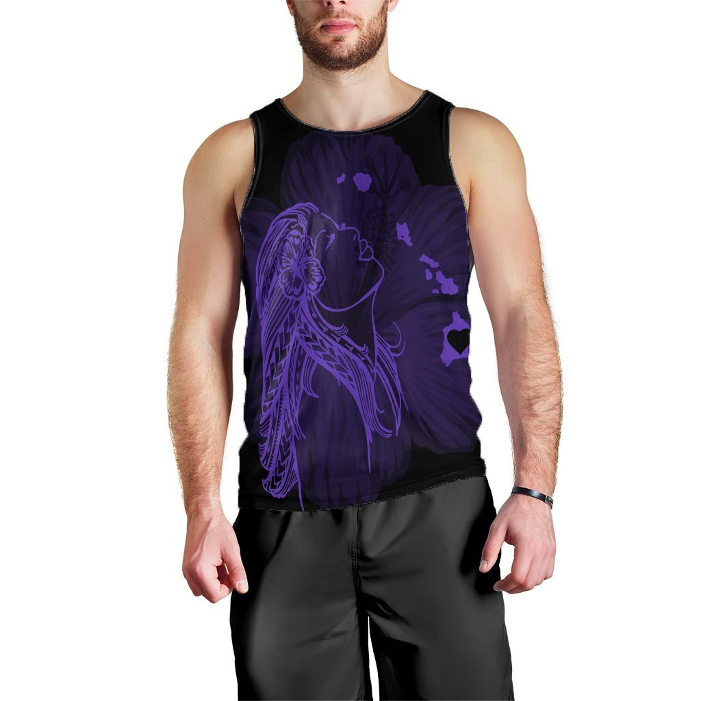Hawaiian Map Heart Hula Girl Hibiscus Purple Polynesian Tank Top - AH Black - Polynesian Pride
