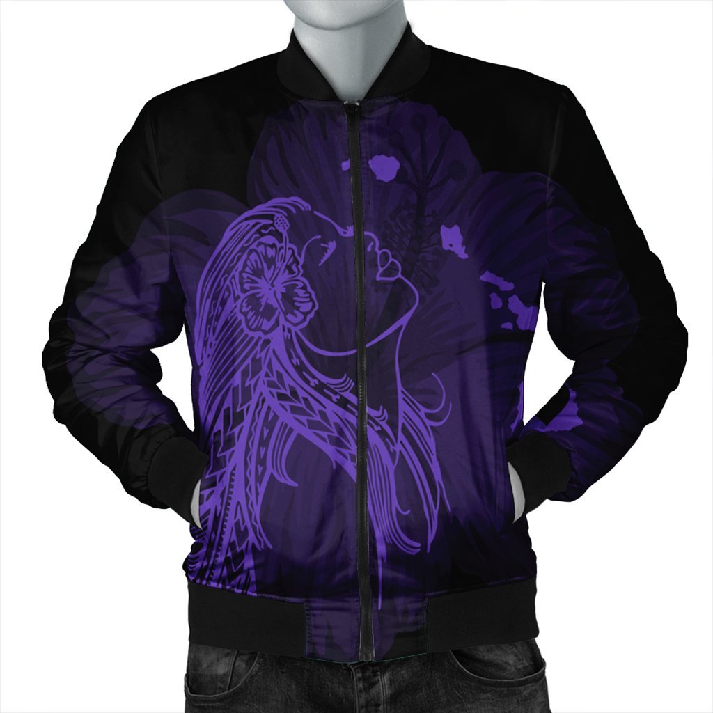 Hawaiian Map Heart Hula Girl Hibiscus Purple Polynesian Bomber Jacket - AH Black Unisex - Polynesian Pride