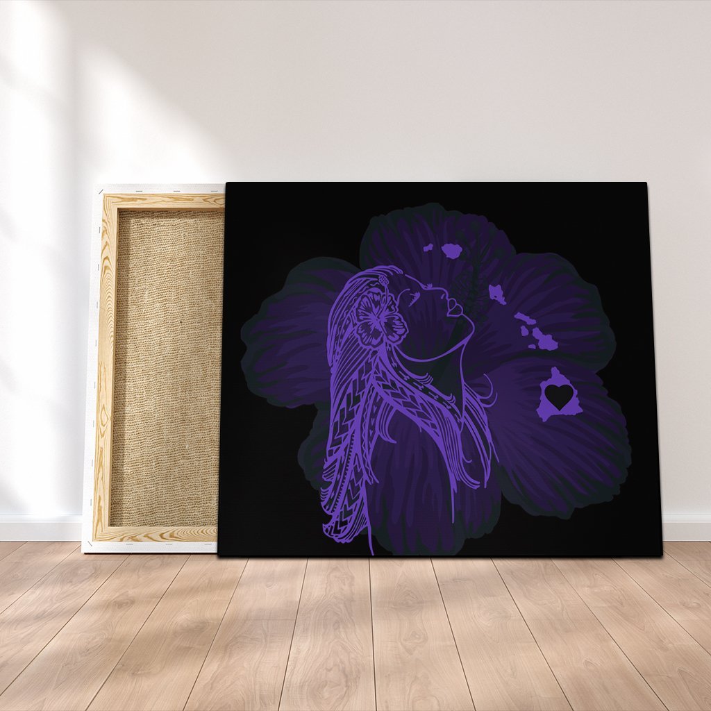 Hawaiian Map Heart Hula Girl Hibiscus Purple Polynesian Canvas - AH Canvas Poly-cotton - Polynesian Pride