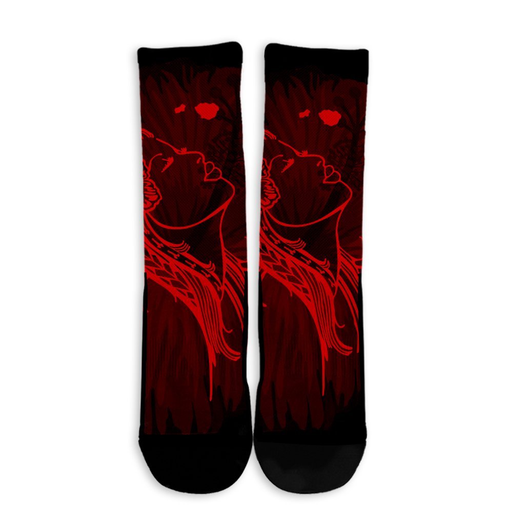 Hawaiian Map Heart Hula Girl Hibiscus Red Polynesian Crew Socks - AH - Polynesian Pride
