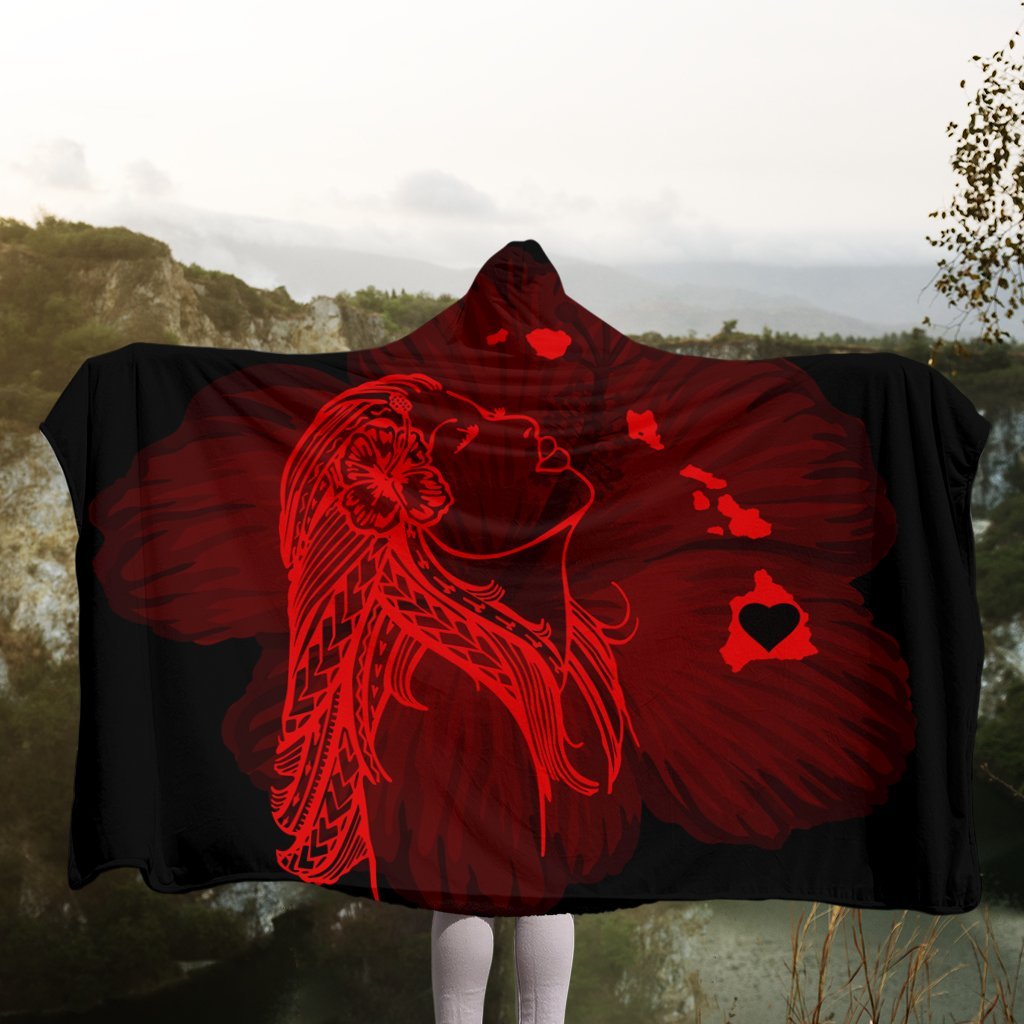 Hawaiian Map Heart Hula Girl Hibiscus Red Polynesian Hooded Blanket - AH - Polynesian Pride