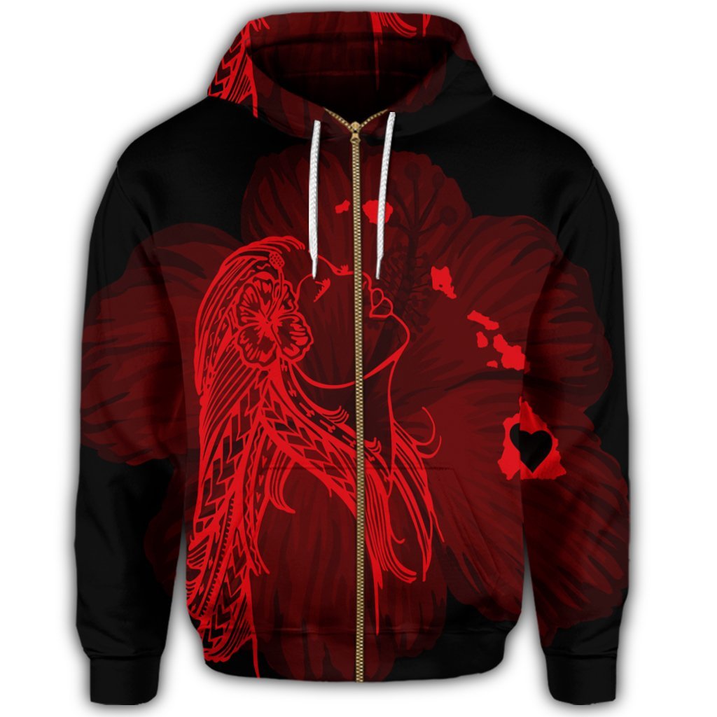 Hawaiian Map Heart Hula Girl Hibiscus Red Polynesian Zip Hoodie - Polynesian Pride