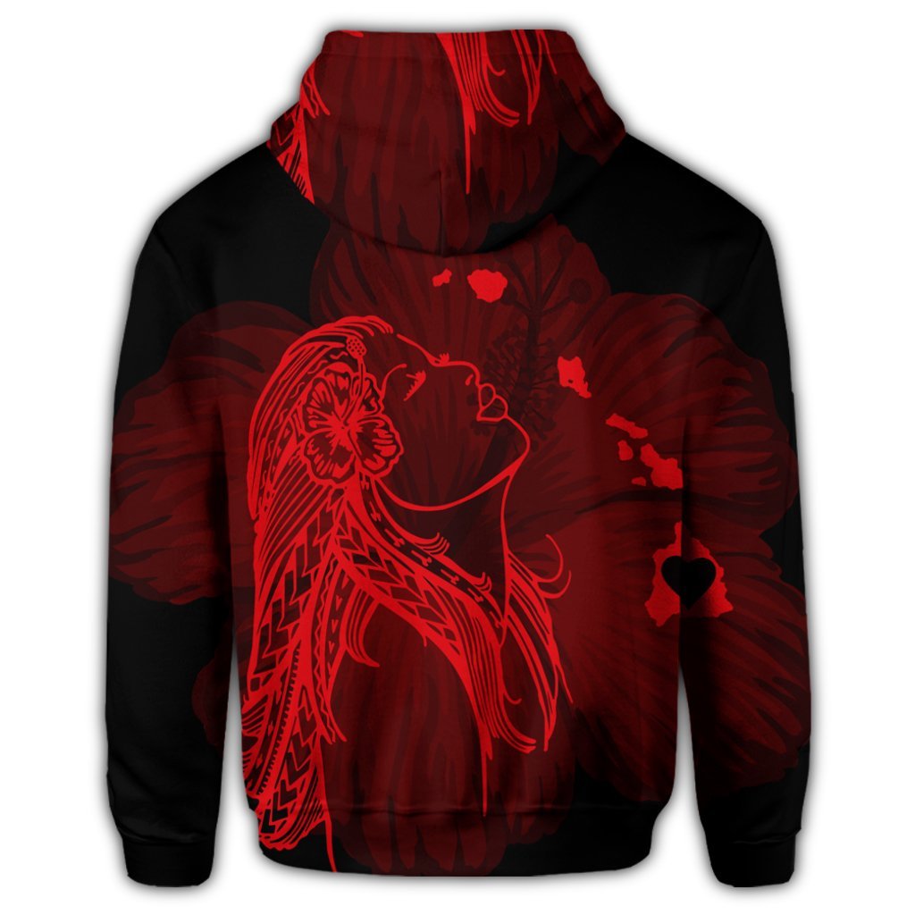 Hawaiian Map Heart Hula Girl Hibiscus Red Polynesian Zip Hoodie - Polynesian Pride