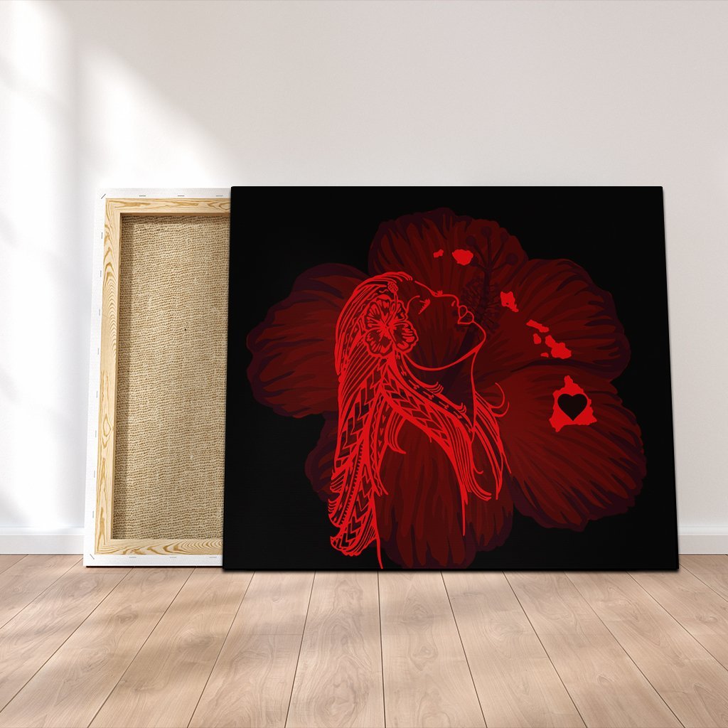 Hawaiian Map Heart Hula Girl Hibiscus Red Polynesian Canvas - AH Canvas Poly-cotton - Polynesian Pride