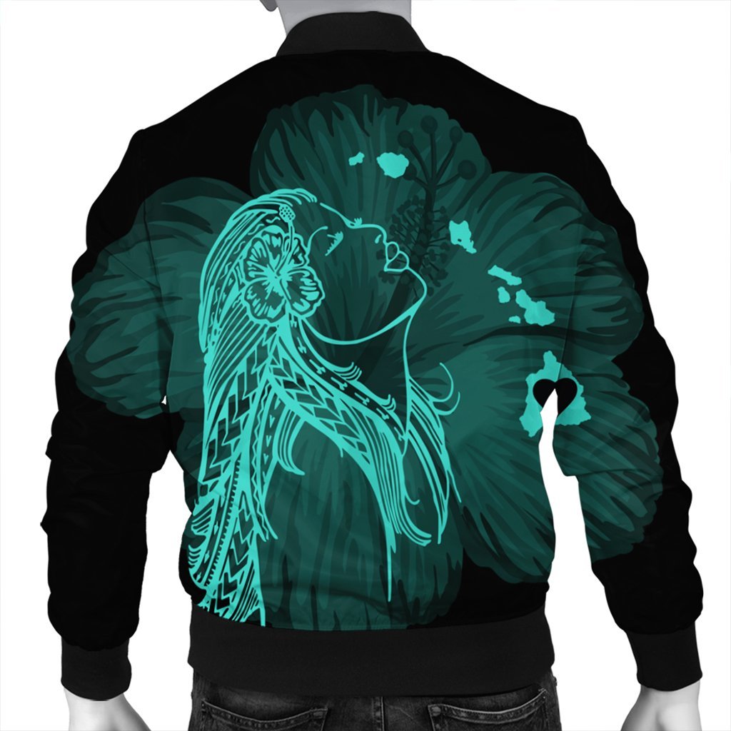 Hawaiian Map Heart Hula Girl Hibiscus Turquoise Polynesian Bomber Jacket - AH - Polynesian Pride