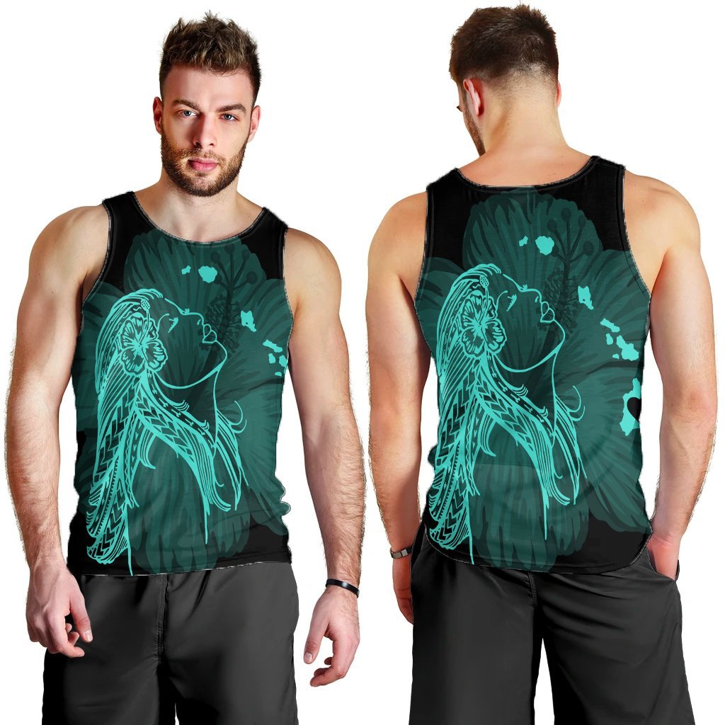 Hawaiian Map Heart Hula Girl Hibiscus Turquoise Polynesian Tank Top - AH - Polynesian Pride