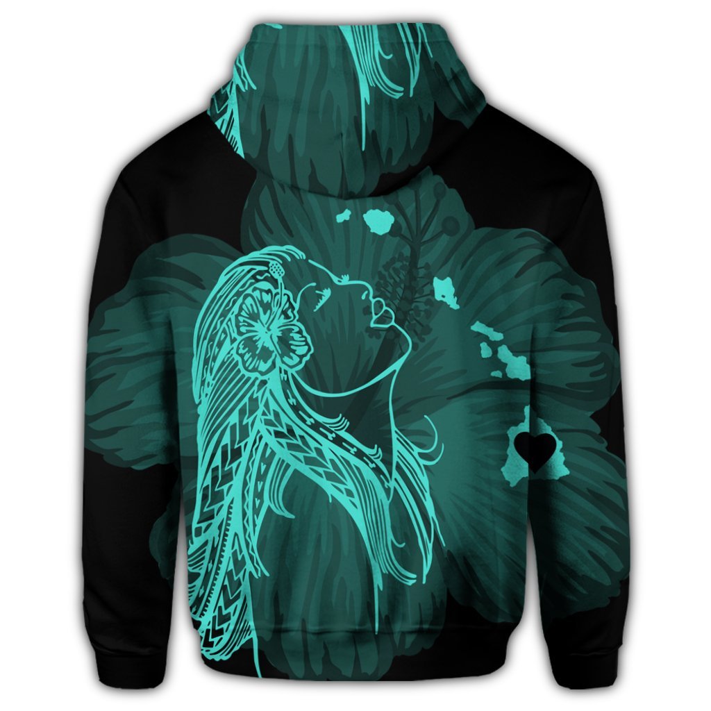 Hawaiian Map Heart Hula Girl Hibiscus Turquoise Polynesian Zip Hoodie - Polynesian Pride