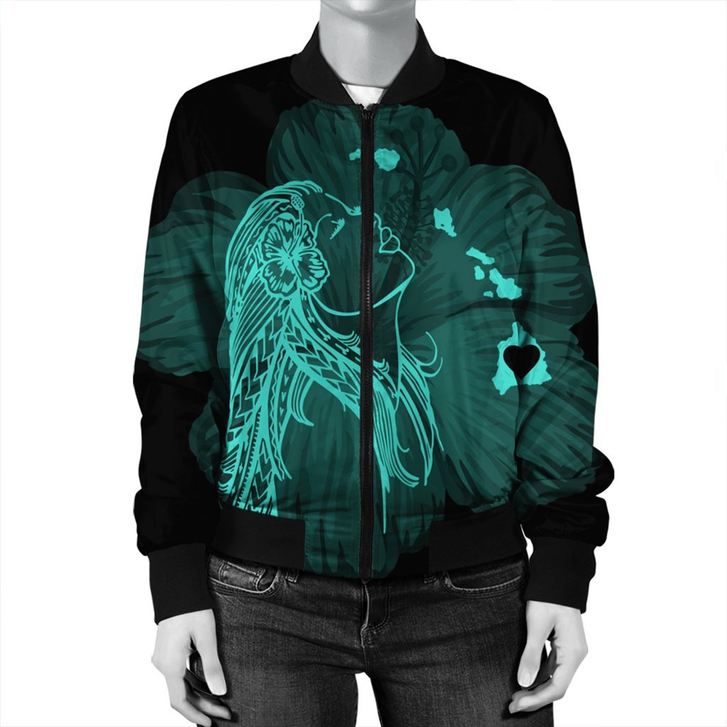 Hawaiian Map Heart Hula Girl Hibiscus Turquoise Polynesian Bomber Jacket - AH - Polynesian Pride