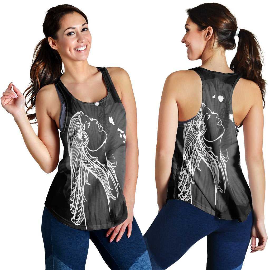 Hawaiian Map Heart Hula Girl Hibiscus White Polynesian Racerback Tank - AH Black - Polynesian Pride
