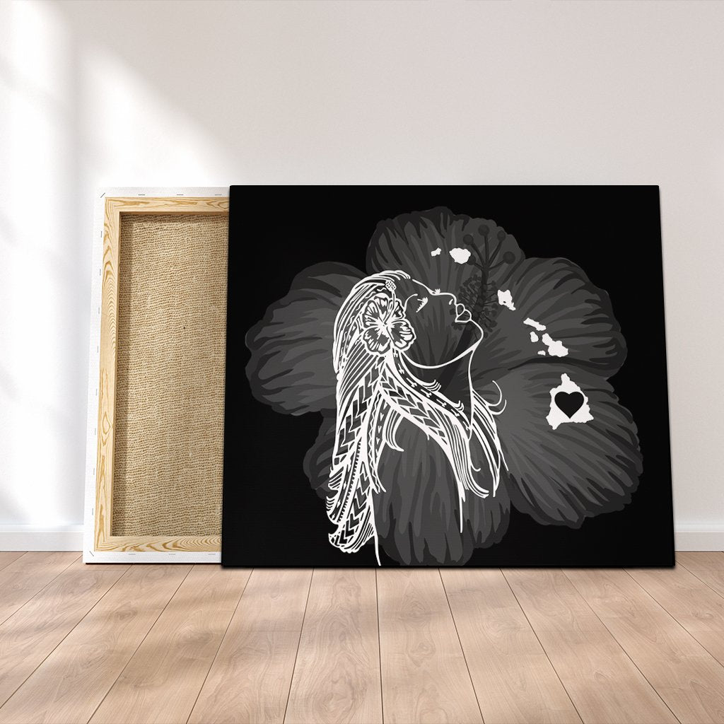 Hawaiian Map Heart Hula Girl Hibiscus White Polynesian Canvas - AH Canvas Poly-cotton - Polynesian Pride