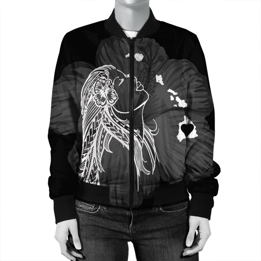 Hawaiian Map Heart Hula Girl Hibiscus White Polynesian Bomber Jacket - AH - Polynesian Pride