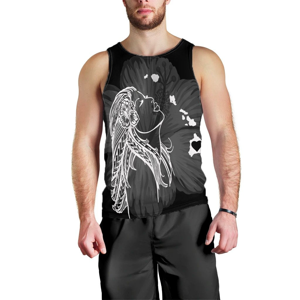 Hawaiian Map Heart Hula Girl Hibiscus White Polynesian Tank Top - AH Black - Polynesian Pride