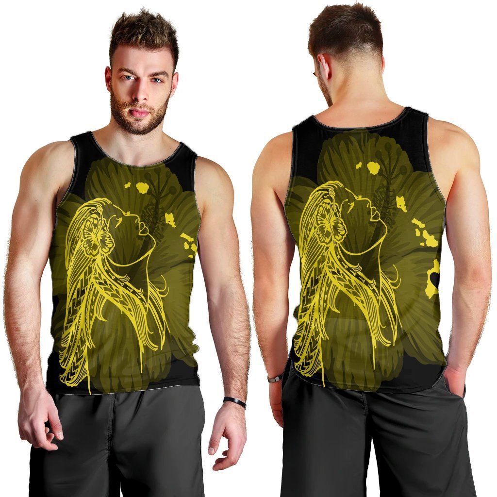 Hawaiian Map Heart Hula Girl Hibiscus Yellow Polynesian Tank Top - AH - Polynesian Pride
