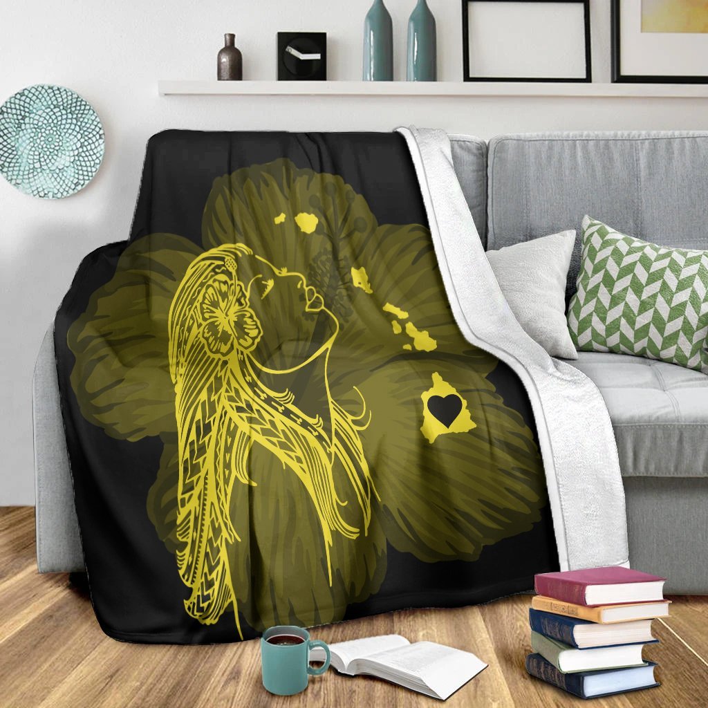 Hawaiian Map Heart Hula Girl Hibiscus Yellow Polynesian Premium Blankets - AH - Polynesian Pride