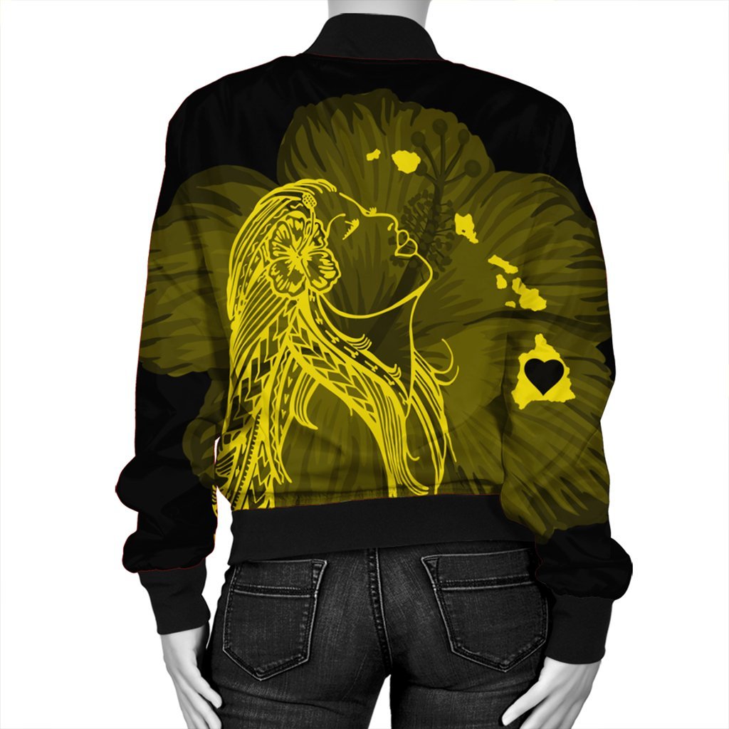 Hawaiian Map Heart Hula Girl Hibiscus Yellow Polynesian Bomber Jacket - AH - Polynesian Pride
