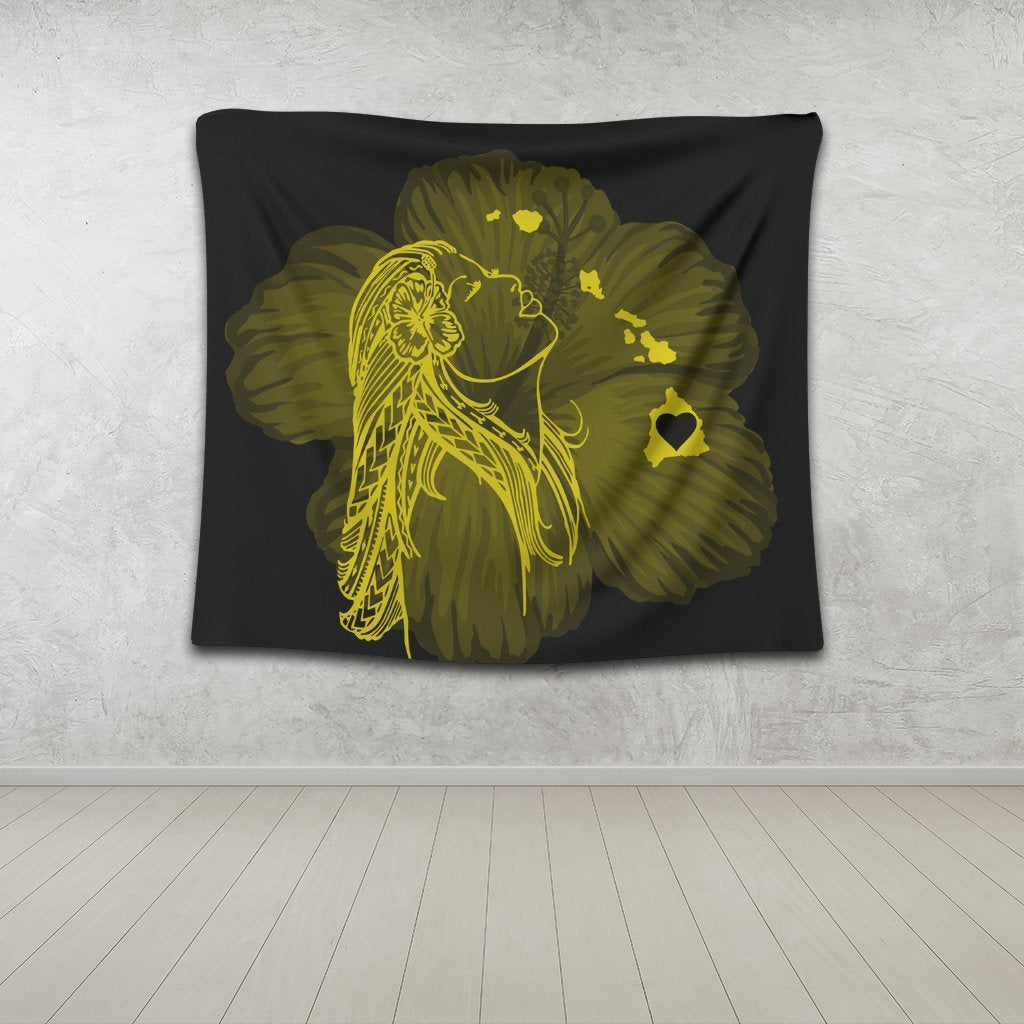 Hawaiian Map Heart Hula Girl Hibiscus Yellow Polynesian Tapestry - AH - Polynesian Pride