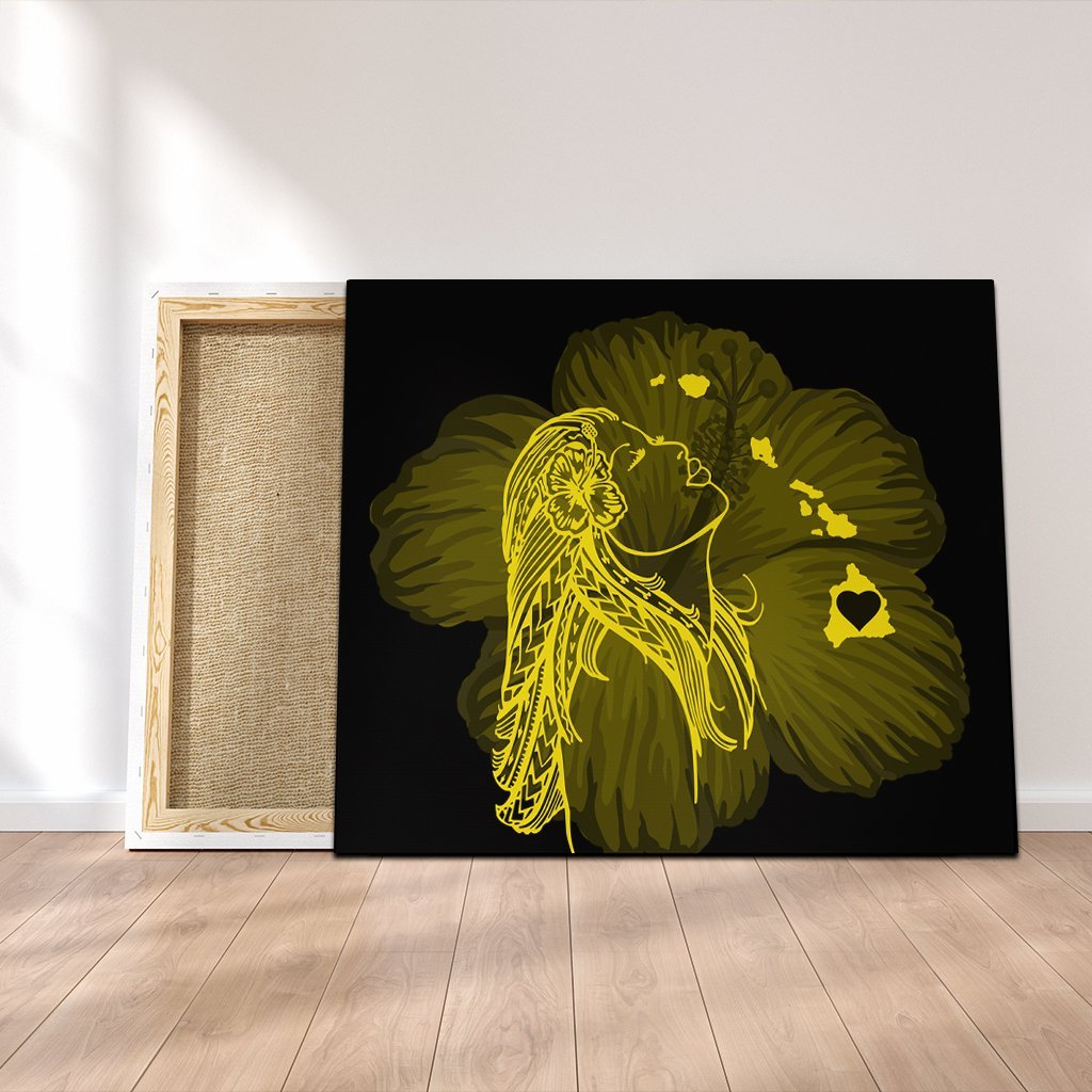 Hawaiian Map Heart Hula Girl Hibiscus Yellow Polynesian Canvas - AH Canvas Poly-cotton - Polynesian Pride