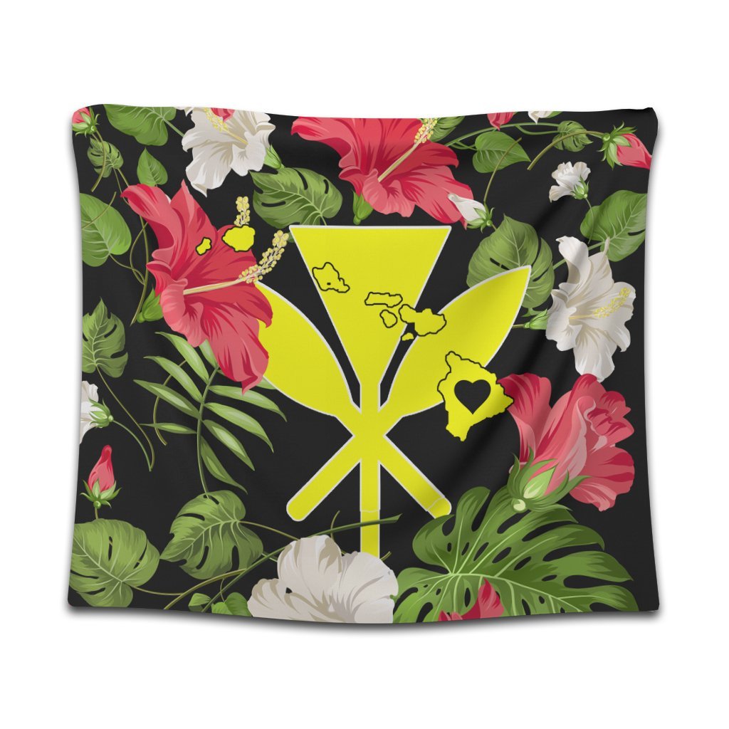 Hawaiian Map Heart Kanaka Hibiscus Polynesian Tapestry - AH Wall Tapestry Black - Polynesian Pride