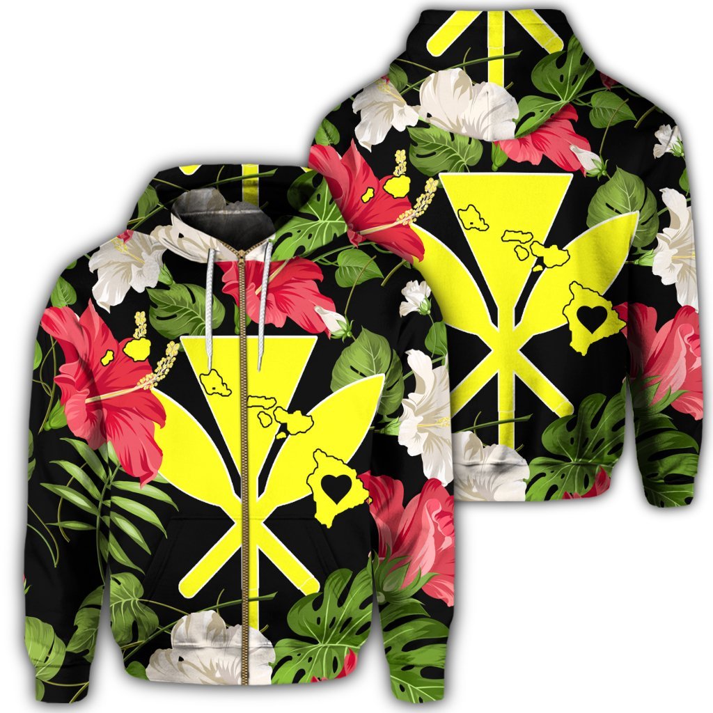 Hawaiian Map Heart Kanaka Hibiscus Polynesian Zip Hoodie Unisex Art - Polynesian Pride