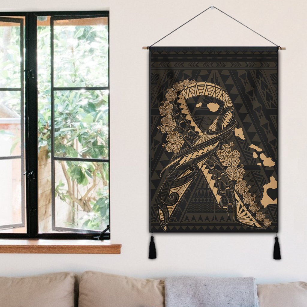 Hawaiian Map Heart Ribbon Cancer Hibiscus Gold Polynesian Hanging Poster - AH - Polynesian Pride