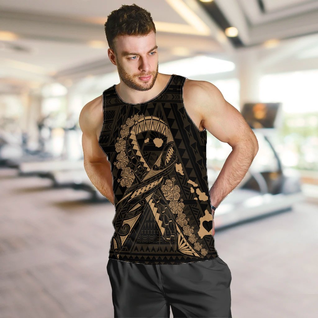 Hawaiian Map Heart Ribbon Cancer Hibiscus Gold Polynesian Tank Top - AH - Polynesian Pride