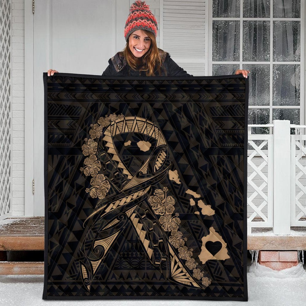 Hawaiian Map Heart Ribbon Cancer Hibiscus Gold Polynesian Premium Quilts - AH - Polynesian Pride