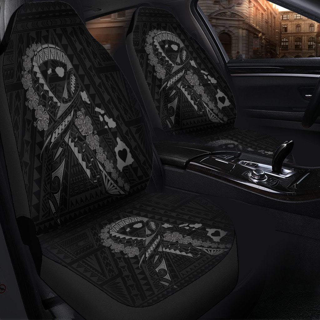 Hawaiian Map Heart Ribbon Cancer Hibiscus Gray Polynesian Car Seat Covers - AH - Polynesian Pride