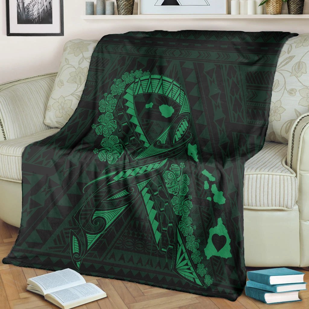 Hawaiian Map Heart Ribbon Cancer Hibiscus Green Polynesian Premium Blankets - AH - Polynesian Pride