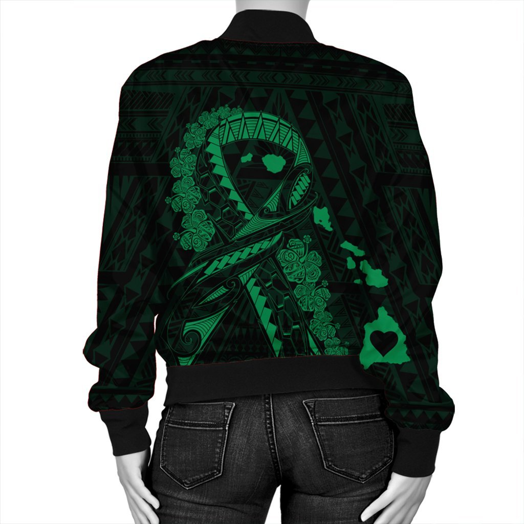 Hawaiian Map Heart Ribbon Cancer Hibiscus Green Polynesian Bomber Jacket - AH - Polynesian Pride