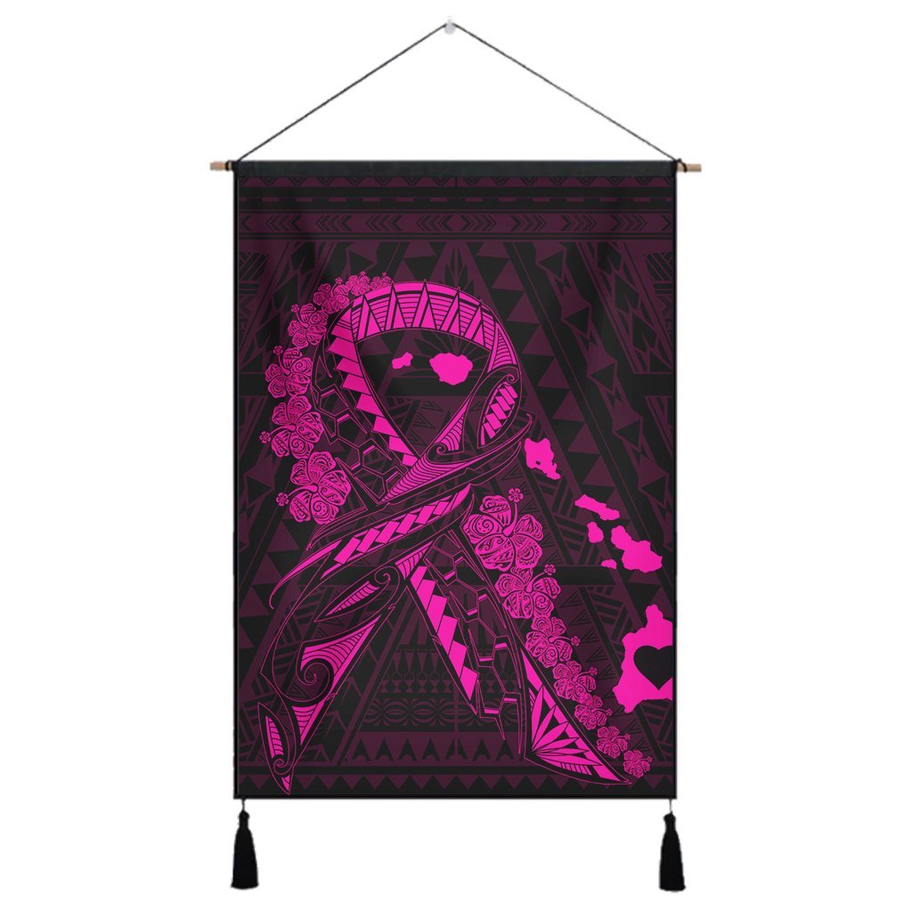Hawaiian Map Heart Ribbon Cancer Hibiscus Pink Polynesian Hanging Poster - AH Hanging Poster Cotton And Linen - Polynesian Pride
