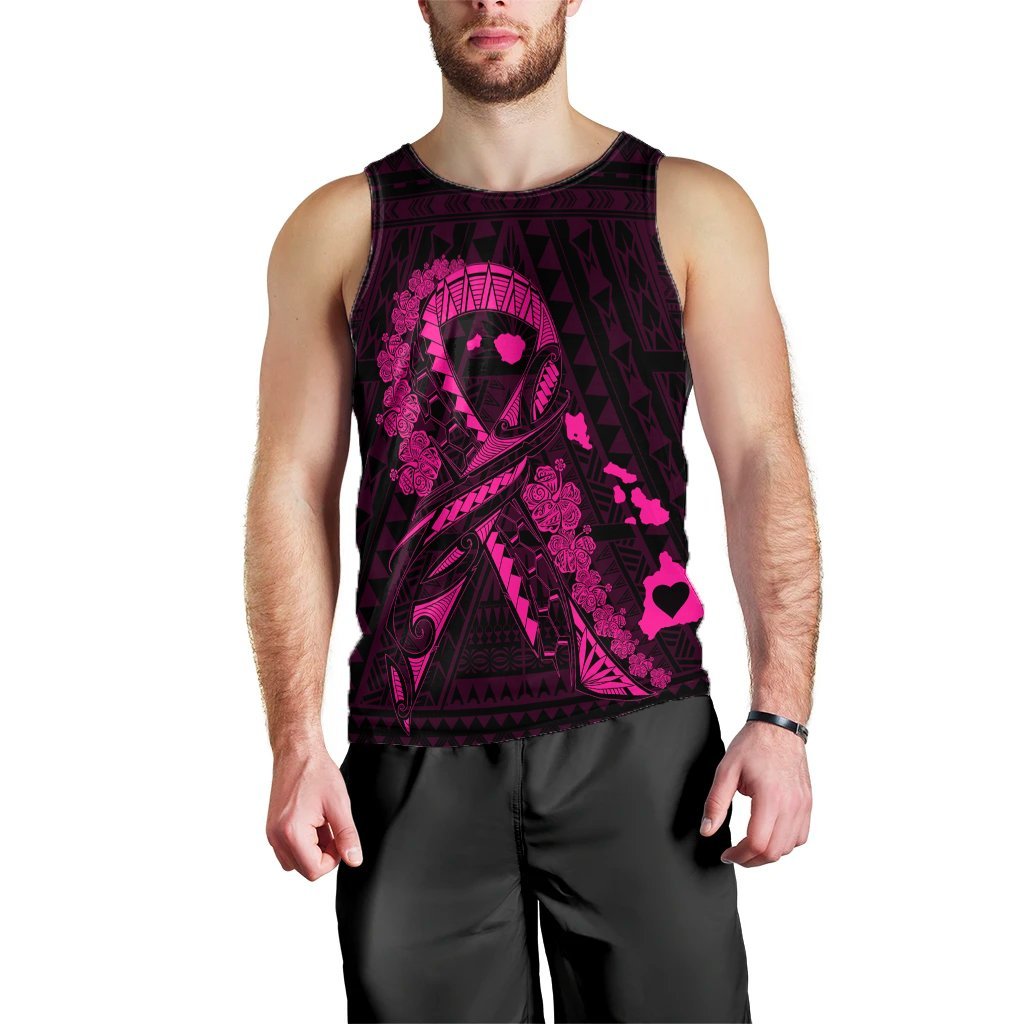 Hawaiian Map Heart Ribbon Cancer Hibiscus Pink Polynesian Tank Top - AH Black - Polynesian Pride