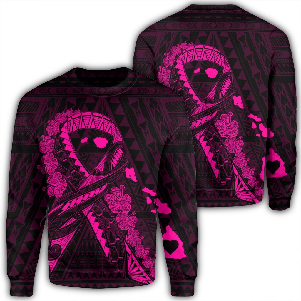 Hawaiian Map Heart Ribbon Cancer Hibiscus Pink Polynesian Sweatshirt - AH Unisex Black - Polynesian Pride