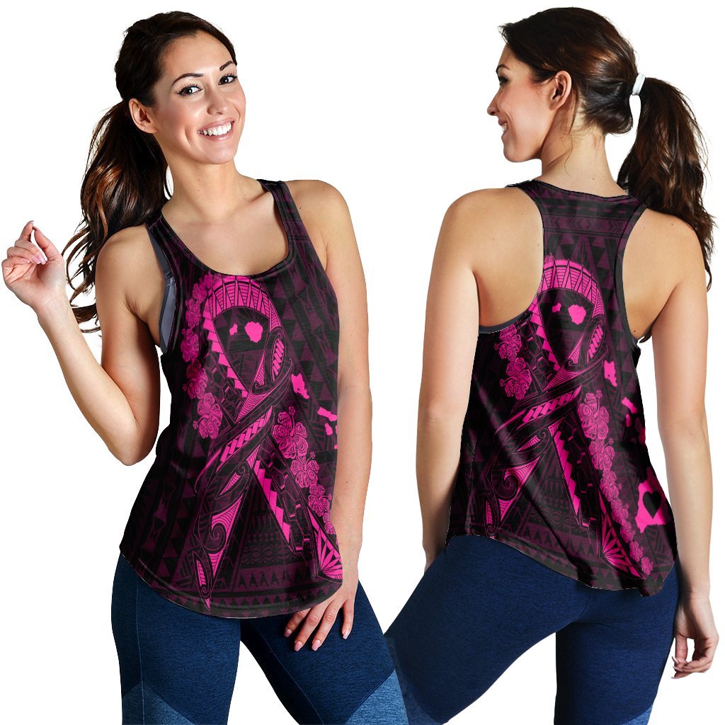 Hawaiian Map Heart Ribbon Cancer Hibiscus Pink Polynesian Racerback Tank - AH Black - Polynesian Pride