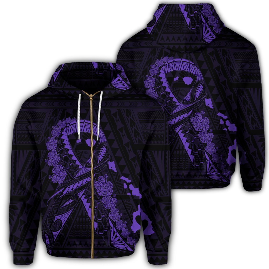 Hawaiian Map Heart Ribbon Cancer Hibiscus Purple Polynesian Zip Hoodie Unisex Art - Polynesian Pride