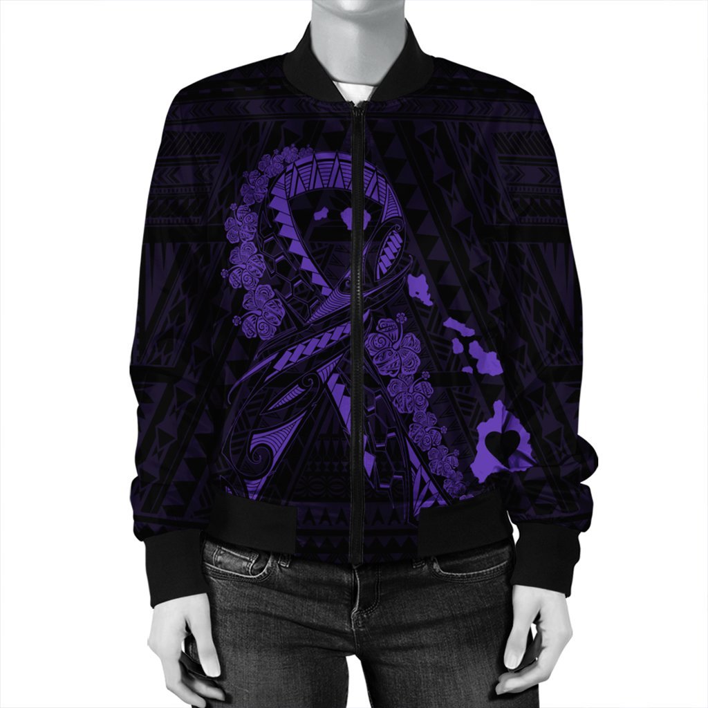 Hawaiian Map Heart Ribbon Cancer Hibiscus Purple Polynesian Bomber Jacket - AH - Polynesian Pride