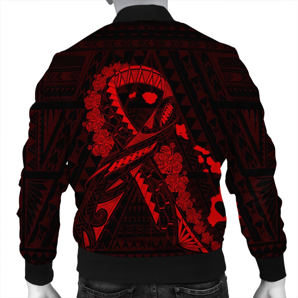 Hawaiian Map Heart Ribbon Cancer Hibiscus Red Polynesian Bomber Jacket - AH - Polynesian Pride