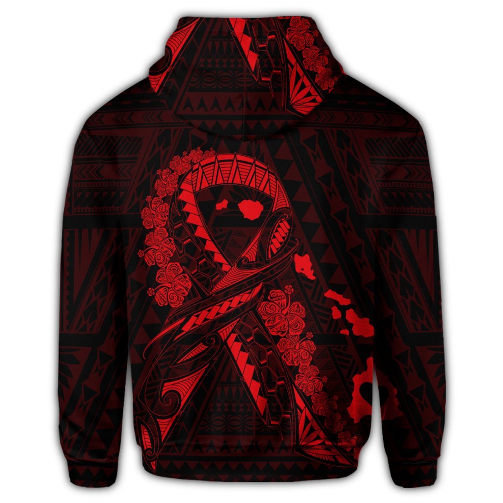 Hawaiian Map Heart Ribbon Cancer Hibiscus Red Polynesian Hoodie - Polynesian Pride