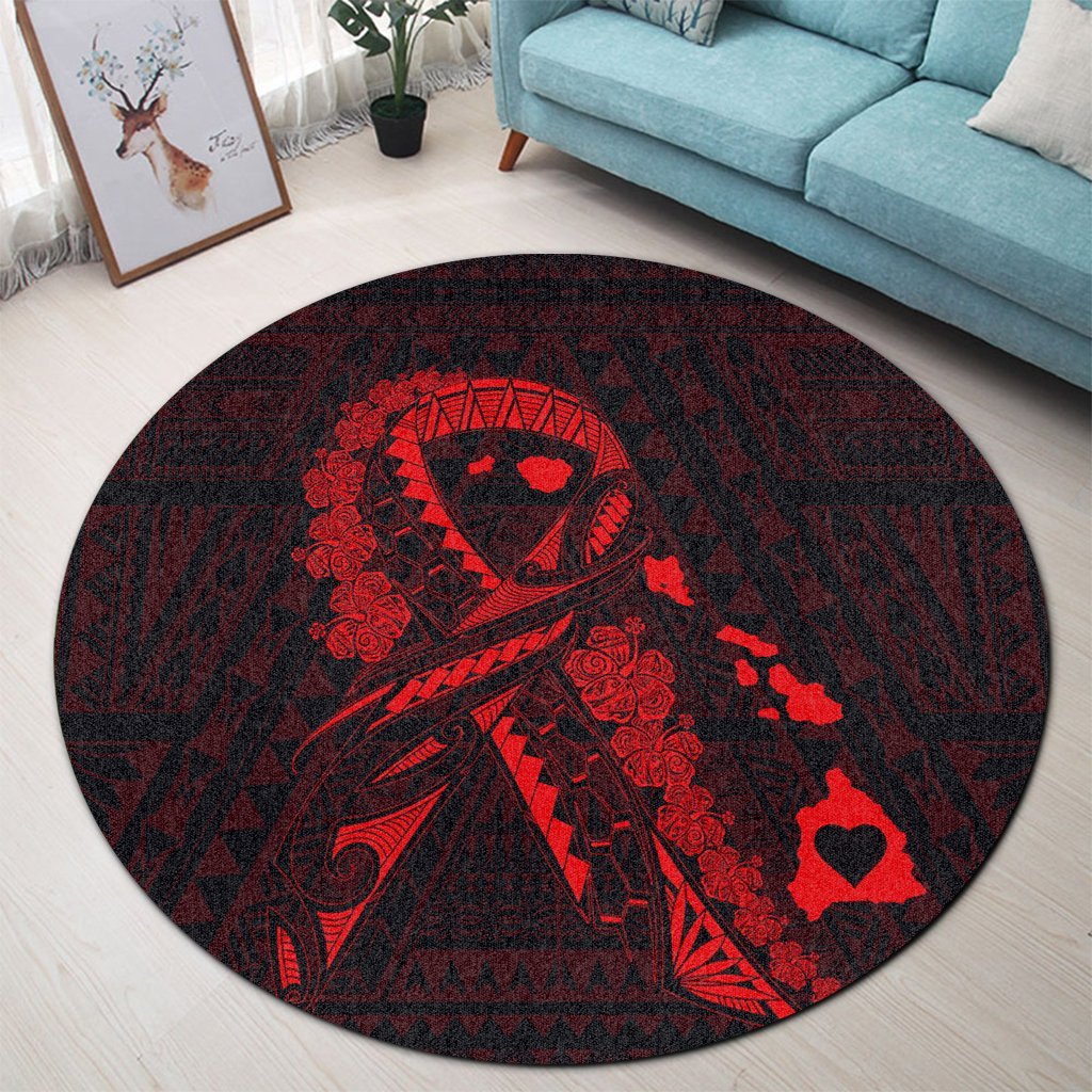 Hawaiian Map Heart Ribbon Cancer Hibiscus Red Polynesian Round Carpet - AH - Polynesian Pride