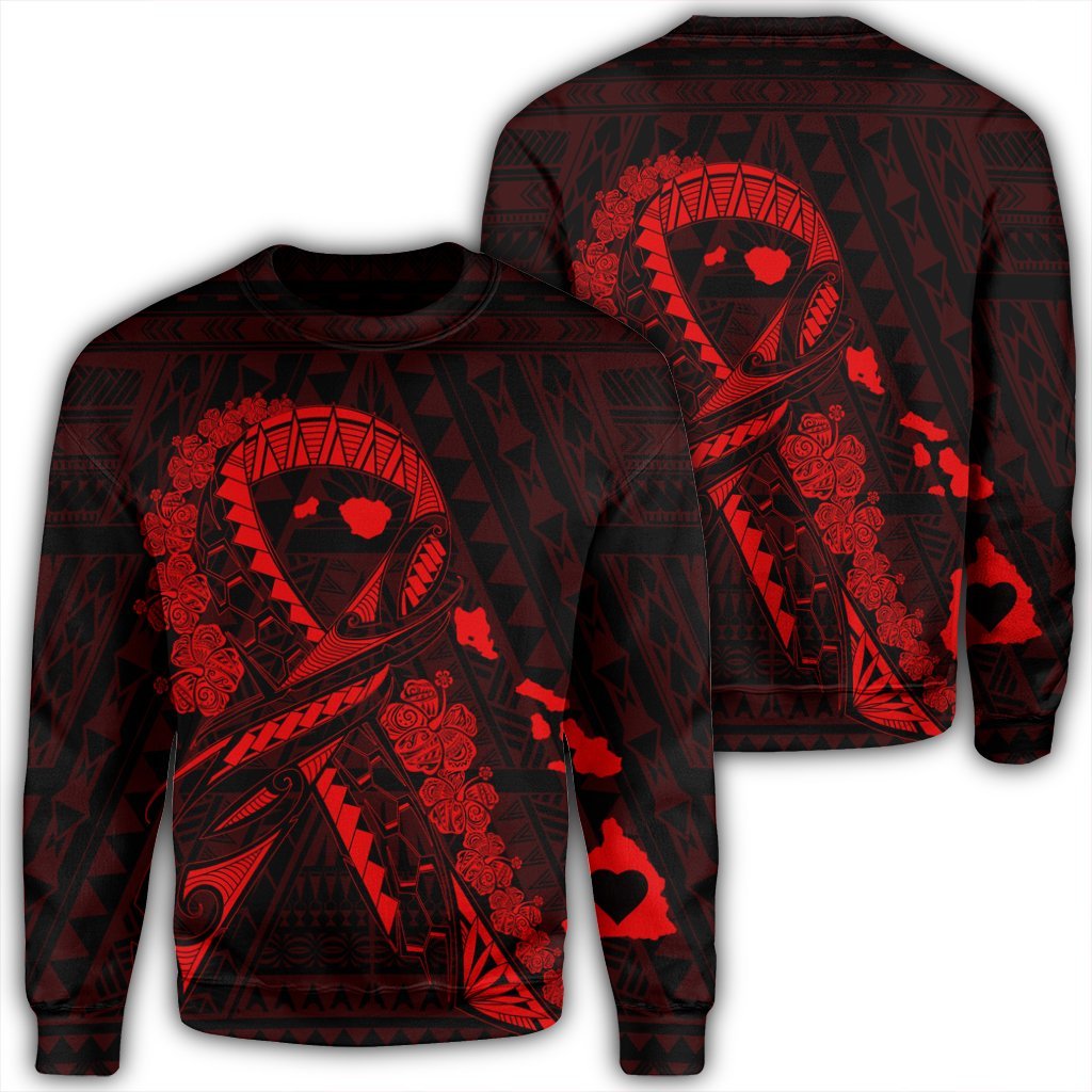 Hawaiian Map Heart Ribbon Cancer Hibiscus Red Polynesian Sweatshirt - AH Unisex Black - Polynesian Pride