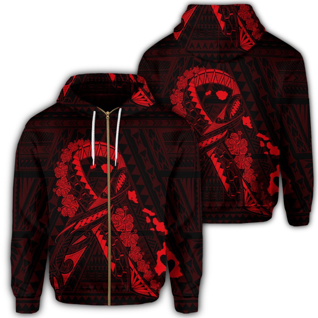 Hawaiian Map Heart Ribbon Cancer Hibiscus Red Polynesian Zip Hoodie Unisex Art - Polynesian Pride