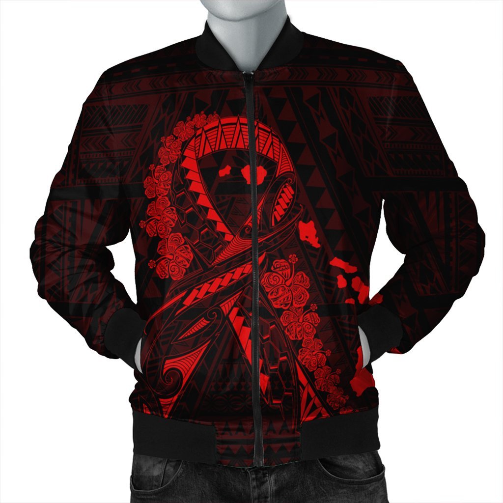 Hawaiian Map Heart Ribbon Cancer Hibiscus Red Polynesian Bomber Jacket - AH Black Unisex - Polynesian Pride