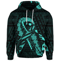Custom Hawaiian Map Heart Ribbon Cancer Hibiscus Turquoise Polynesian Hoodie - Polynesian Pride
