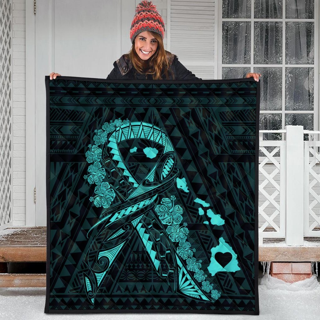 Hawaiian Map Heart Ribbon Cancer Hibiscus Turquoise Polynesian Premium Quilts - AH - Polynesian Pride