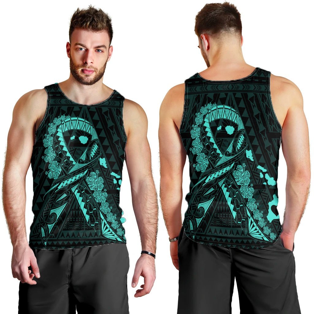 Hawaiian Map Heart Ribbon Cancer Hibiscus Turquoise Polynesian Tank Top - AH - Polynesian Pride